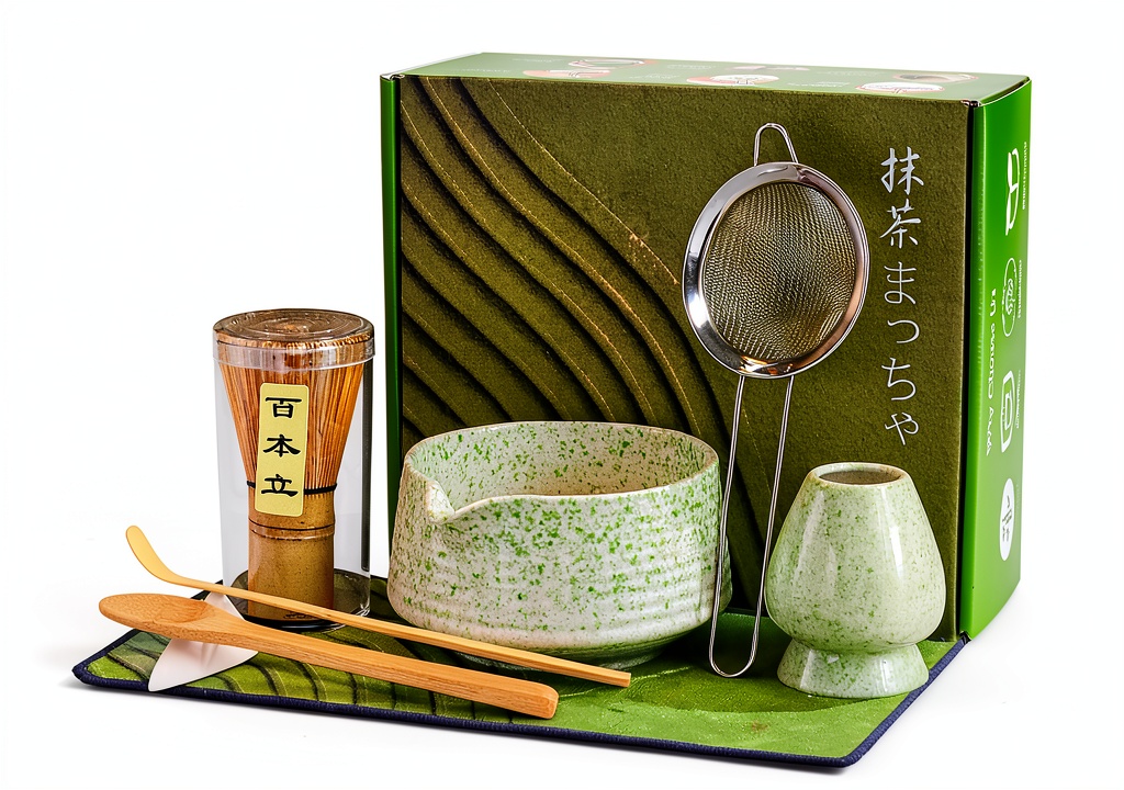 BEWOS Matcha Set displayed on a wooden table with spring decor