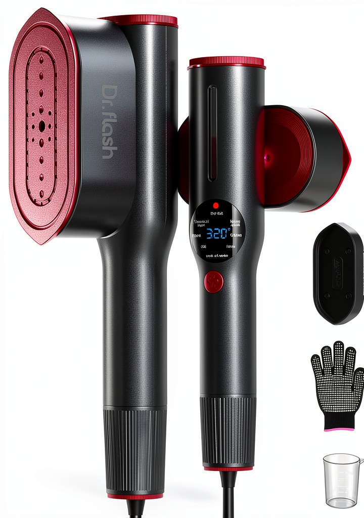 DRFLASH garment steamer in rose red color on a table