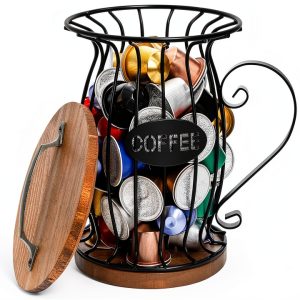 WRINGKIT Coffee Pod Holder Metal Wood Black Brown-0