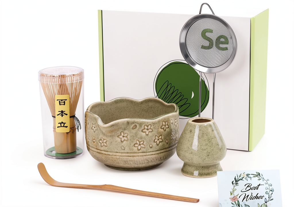 SGDD Matcha Whisk Set components arranged on wooden surface