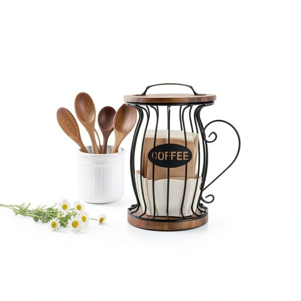 WRINGKIT Coffee Pod Holder Metal Wood Black Brown-4
