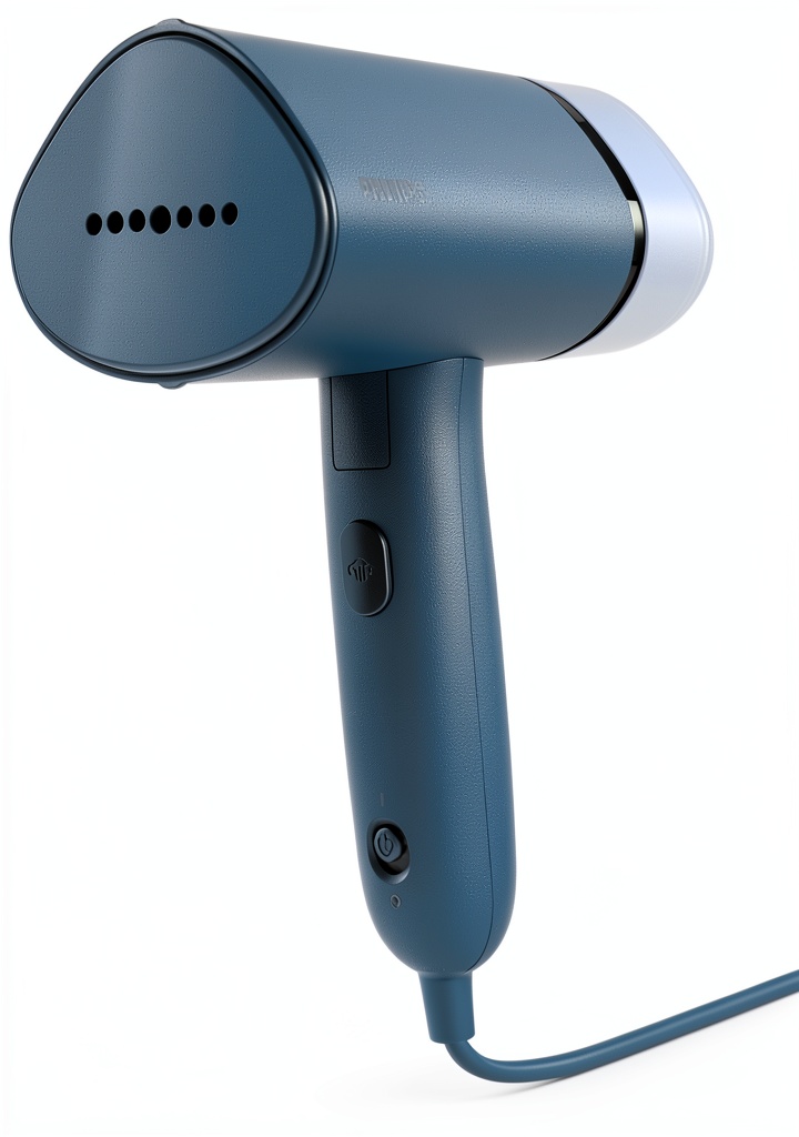 Philips handheld garment steamer in use on a hotel room dresser
