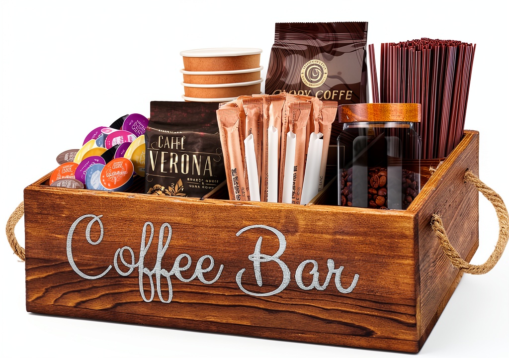 Wooden coffee organizer on a kitchen countertop