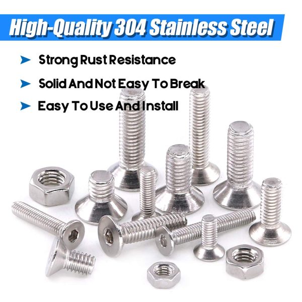Glarks 510Pcs Metric M3 M4 M5 304 Stainless Steel Flat Head Countersunk Socket Cap Bolts Screws Nuts Assortment Kit, Allen Hex Drive-1