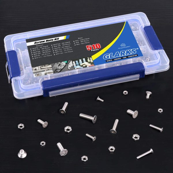 Glarks 510Pcs Metric M3 M4 M5 304 Stainless Steel Flat Head Countersunk Socket Cap Bolts Screws Nuts Assortment Kit, Allen Hex Drive-5