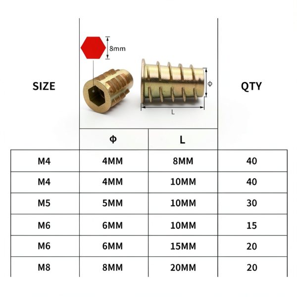 165PCS Threaded Inserts Nuts, Wood Insert Assortment Tool Kit, M4/M5/M6/M8 Furniture Screw in Nut Inserts Metric Bolt Fastener Hex Socket Drive for Wood Furniture Assortment-1
