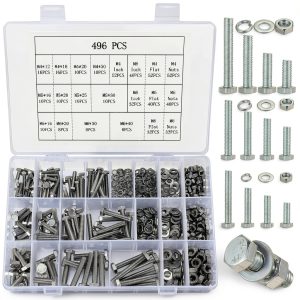 Hex Bolts and Nuts and Washers Assortment Kit, 496 Pcs Metric Hex Head Nuts and Bolts Kit, Stainless Steel Machine Screws Bolts Nuts Flat & Spring Lock Washers Set - M4 M5 M6-0