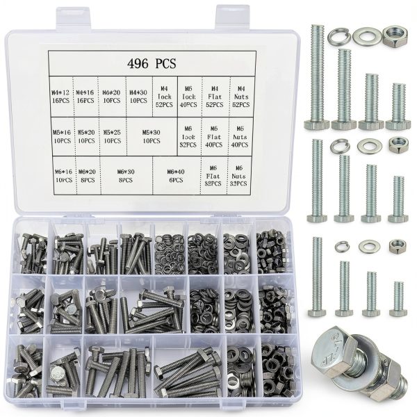 Hex Bolts and Nuts and Washers Assortment Kit, 496 Pcs Metric Hex Head Nuts and Bolts Kit, Stainless Steel Machine Screws Bolts Nuts Flat & Spring Lock Washers Set - M4 M5 M6-0