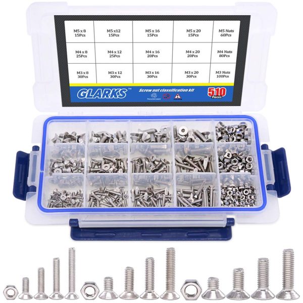 Glarks 510Pcs Metric M3 M4 M5 304 Stainless Steel Flat Head Countersunk Socket Cap Bolts Screws Nuts Assortment Kit, Allen Hex Drive-0